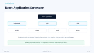 ARCHITECTURE
React Application Structure
React Application
Components App main
Header Navbar Home Footer
Components hold the individual UI pieces; App combines them together; main.jsx renders App into the page.
The App component commonly acts as the main component that combines all others.
React Basics Prepared By: Kale J. N. 11 / 16
 