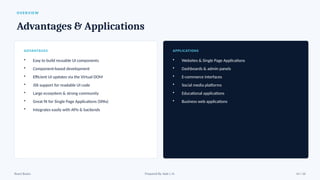 OVERVIEW
Advantages & Applications
ADVANTAGES
• Easy to build reusable UI components
• Component-based development
• Efficient UI updates via the Virtual DOM
• JSX support for readable UI code
• Large ecosystem & strong community
• Great fit for Single Page Applications (SPAs)
• Integrates easily with APIs & backends
APPLICATIONS
• Websites & Single Page Applications
• Dashboards & admin panels
• E-commerce interfaces
• Social media platforms
• Educational applications
• Business web applications
React Basics Prepared By: Kale J. N. 14 / 16
 