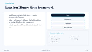 CORE CONCEPT
React Is a Library, Not a Framework
• React focuses mainly on the UI layer — it renders
components to the screen.
• Unlike a full framework, it doesn’t ship built-in solutions
for routing, API calls, or state management.
• Instead, you add small, focused libraries for exactly what
you need.
React
↓
User Interface
↓
Components
↓
Web Application
COMMONLY PAIRED WITH
• Routing • API communication
• State management • Form handling
• Authentication
React Basics Prepared By: Kale J. N. 4 / 16
 