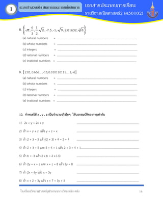 โรงเรียนวิทยาศาสตร์จุฬาภรณราชวิทยาลัย ตรัง 16
เอกสารประกอบการเรียน
รายวิชาคณิตศาสตร์2 (ค30102)
ระบบจานวนจริง สมการและการแก้อสมการ
1
8.  
3
6 1
- , , 2,-7.5,-1, 9,2.01632, 8
3 2

(a) natural numbers = ……………………………………………………………………….……………….…….……...
(b) whole numbers = ……………………………………………………………………….…………….……….……...
(c) integers = ……………………………………………………………………….………….………….……...
(d) rational numbers = ……………………………………………………………………….……….…………….……...
(e) irrational numbers = ……………………………………………………………………….………….………….……...
9.  
2.01,0.666…,-13,0.010110111…,1,-6
(a) natural numbers = ……………………………………………………………………….………….………….……...
(b) whole numbers = ……………………………………………………………………….………….………….……...
(c) integers = ……………………………………………………………………….………….………….……...
(d) rational numbers = ……………………………………………………………………….………….………….……...
(e) irrational numbers = ……………………………………………………………………….…….……………….……...
10. กำหนดให้ x , y , z เป็นจำนวนจริงใดๆ ให้บอกสมบัติของกำรเท่ำกัน
1) 2x + y = 2x + y ..........................................................................................
2) ถ้า x = y + z แล้ว y + z = x ..........................................................................................
3) ถ้า 2 + 3 = 5 แล้ว (2 + 3) + 4 = 5 + 4 ..........................................................................................
4) ถ้า 2 + 3 = 5 และ 5 = 4 + 1 แล้ว 2 + 3 = 4 + 1....................................................................................
5) ถ้า b = -3 แล้ว 2 x b = 2 x (-3) ..........................................................................................
6) ถ้า 2y = x + z และ x + z = 8 แล้ว 2y = 8 ..........................................................................................
7) ถ้า 2x = 6y แล้ว x = 3y ..........................................................................................
8) ถ้า x + 2 = 3y แล้ว x + 7 = 3y + 5 ..........................................................................................
 