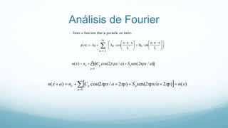 Análisis de Fourier
Enter a function that is periodic on interval:
n(x) = no + Cp cos(2p px / a)+Spsen(2πpx / a)éë ùû
p>0
å
p x( ) A0
1
N
n
An cos
n  x
L






 Bn sin
n  x
L















  )()2sen()2/2cos()(
0
xnppx/a2SpapxCnaxn
p
ppo  

 