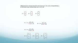 Obtención de los vectores base de la red recíproca, b1, b2, y b3, correspondientes a
la red directa cuyos vectores base son a1, a2, y a3.
a1
a
0
0









a
a2
0
a
0








 a a3
0
0
a









a
b1 2 
a2 a3( )
a1 a2 a3( )

a1 b2 2 
a3 a1( )
a1 a2 a3( )

a2
b3 2 
a1 a2( )
a1 a2 a3( )

a3
b1
2
a

0
0








 b2
0
2
a

0








 b3
0
0
2
a










 