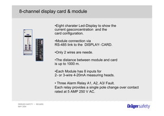 DRÄGER SAFETY • REGARD
MAY 2004
8-channel display card & module
•Eight charater Led-Display to show the
current gasconcentration and the
card configuration.
•Module connection via
RS-485 link to the DISPLAY- CARD.
•Only 2 wires are neede.
•The distance between module and card
is up to 1000 m.
•Each Module has 8 inputs for
2- or 3-wire 4-20mA measuring heads.
• Three Alarm Relay A1, A2, A3/ Fault.
Each relay provides a single pole change over contact
rated at 5 AMP 250 V AC.
 
