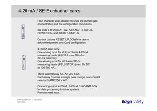 DRÄGER SAFETY • REGARD
MAY 2004
4-20 mA / SE Ex channel cards
Four character LED-Display to show the current gas
concentration and the configuration commands.
Six LED´s to show A1, A2, A3/FAULT-STATUS,
POWER ON- and INHIBIT-STATUS.
Control buttons RESET,UP,DOWN for alarm
acknowledgement and Card-configuration.
4..20mA Card only:
One analog input for all 2- or 3-wire 4-20mA
measuring heads (24V DC max 700mA).
SE-Ex Card only:
One Analog input for all 3-wire SE-Ex
measuring heads (PELLISTOR) (max. 9V DC
at 100-350 mA).
Three Alarm Relay A2, A2, A3/ Fault.
Each relay provides a single pole change over contact
rated at 5 AMP 250 V AC.
One anlog output 4-20mA, 0-20mA, 1-5V AND 0-5V
for data processing to other systems.
Remote reset input.
 
