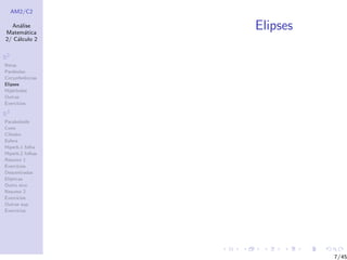 AM2/C2
An´alise
Matem´atica
2/ C´alculo 2
R2
Retas
Par´abolas
Circunferˆencias
Elipses
Hip´erboles
Outras
Exerc´ıcios
R3
Paraboloide
Cone
Cilindro
Esfera
Hiperb.1 folha
Hiperb.2 folhas
Resumo 1
Exerc´ıcios
Descentradas
El´ıpticas
Outro eixo
Resumo 2
Exerc´ıcios
Outras sup.
Exerc´ıcios
Elipses
7/45
 