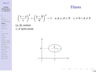 AM2/C2
An´alise
Matem´atica
2/ C´alculo 2
R2
Retas
Par´abolas
Circunferˆencias
Elipses
Hip´erboles
Outras
Exerc´ıcios
R3
Paraboloide
Cone
Cilindro
Esfera
Hiperb.1 folha
Hiperb.2 folhas
Resumo 1
Exerc´ıcios
Descentradas
El´ıpticas
Outro eixo
Resumo 2
Exerc´ıcios
Outras sup.
Exerc´ıcios
Elipses
x − a
c
2
+
y − b
d
2
= 1 a, b, c, d ∈ R c = 0 ∧ d = 0
(a, b) centro
c, d semi-eixos
7/45
 