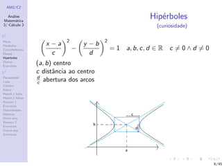 AM2/C2
An´alise
Matem´atica
2/ C´alculo 2
R2
Retas
Par´abolas
Circunferˆencias
Elipses
Hip´erboles
Outras
Exerc´ıcios
R3
Paraboloide
Cone
Cilindro
Esfera
Hiperb.1 folha
Hiperb.2 folhas
Resumo 1
Exerc´ıcios
Descentradas
El´ıpticas
Outro eixo
Resumo 2
Exerc´ıcios
Outras sup.
Exerc´ıcios
Hip´erboles
(curiosidade)
x − a
c
2
−
y − b
d
2
= 1 a, b, c, d ∈ R c = 0 ∧ d = 0
(a, b) centro
c distˆancia ao centro
d
c abertura dos arcos
8/45
 