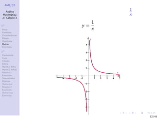AM2/C2
An´alise
Matem´atica
2/ C´alculo 2
R2
Retas
Par´abolas
Circunferˆencias
Elipses
Hip´erboles
Outras
Exerc´ıcios
R3
Paraboloide
Cone
Cilindro
Esfera
Hiperb.1 folha
Hiperb.2 folhas
Resumo 1
Exerc´ıcios
Descentradas
El´ıpticas
Outro eixo
Resumo 2
Exerc´ıcios
Outras sup.
Exerc´ıcios
1
x
y =
1
x
12/45
 