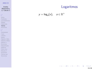 AM2/C2
An´alise
Matem´atica
2/ C´alculo 2
R2
Retas
Par´abolas
Circunferˆencias
Elipses
Hip´erboles
Outras
Exerc´ıcios
R3
Paraboloide
Cone
Cilindro
Esfera
Hiperb.1 folha
Hiperb.2 folhas
Resumo 1
Exerc´ıcios
Descentradas
El´ıpticas
Outro eixo
Resumo 2
Exerc´ıcios
Outras sup.
Exerc´ıcios
Logaritmos
y = loga(x), a ∈ R+
14/45
 