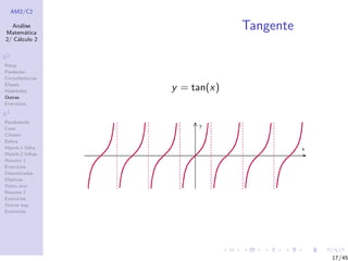 AM2/C2
An´alise
Matem´atica
2/ C´alculo 2
R2
Retas
Par´abolas
Circunferˆencias
Elipses
Hip´erboles
Outras
Exerc´ıcios
R3
Paraboloide
Cone
Cilindro
Esfera
Hiperb.1 folha
Hiperb.2 folhas
Resumo 1
Exerc´ıcios
Descentradas
El´ıpticas
Outro eixo
Resumo 2
Exerc´ıcios
Outras sup.
Exerc´ıcios
Tangente
y = tan(x)
17/45
 