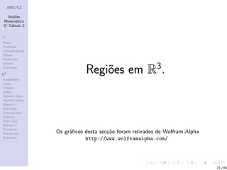 AM2/C2
An´alise
Matem´atica
2/ C´alculo 2
R2
Retas
Par´abolas
Circunferˆencias
Elipses
Hip´erboles
Outras
Exerc´ıcios
R3
Paraboloide
Cone
Cilindro
Esfera
Hiperb.1 folha
Hiperb.2 folhas
Resumo 1
Exerc´ıcios
Descentradas
El´ıpticas
Outro eixo
Resumo 2
Exerc´ıcios
Outras sup.
Exerc´ıcios
Regi˜oes em R3
.
Os gr´aﬁcos desta sec¸c˜ao foram retirados de Wolfram|Alpha
http://www.wolframalpha.com/
21/45
 