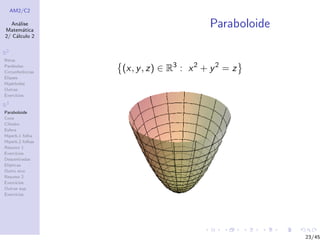 AM2/C2
An´alise
Matem´atica
2/ C´alculo 2
R2
Retas
Par´abolas
Circunferˆencias
Elipses
Hip´erboles
Outras
Exerc´ıcios
R3
Paraboloide
Cone
Cilindro
Esfera
Hiperb.1 folha
Hiperb.2 folhas
Resumo 1
Exerc´ıcios
Descentradas
El´ıpticas
Outro eixo
Resumo 2
Exerc´ıcios
Outras sup.
Exerc´ıcios
Paraboloide
(x, y, z) ∈ R3
: x2
+ y2
= z
23/45
 