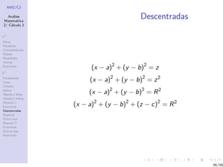AM2/C2
An´alise
Matem´atica
2/ C´alculo 2
R2
Retas
Par´abolas
Circunferˆencias
Elipses
Hip´erboles
Outras
Exerc´ıcios
R3
Paraboloide
Cone
Cilindro
Esfera
Hiperb.1 folha
Hiperb.2 folhas
Resumo 1
Exerc´ıcios
Descentradas
El´ıpticas
Outro eixo
Resumo 2
Exerc´ıcios
Outras sup.
Exerc´ıcios
Descentradas
(x − a)2
+ (y − b)2
= z
(x − a)2
+ (y − b)2
= z2
(x − a)2
+ (y − b)2
= R2
(x − a)2
+ (y − b)2
+ (z − c)2
= R2
34/45
 
