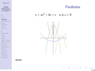 AM2/C2
An´alise
Matem´atica
2/ C´alculo 2
R2
Retas
Par´abolas
Circunferˆencias
Elipses
Hip´erboles
Outras
Exerc´ıcios
R3
Paraboloide
Cone
Cilindro
Esfera
Hiperb.1 folha
Hiperb.2 folhas
Resumo 1
Exerc´ıcios
Descentradas
El´ıpticas
Outro eixo
Resumo 2
Exerc´ıcios
Outras sup.
Exerc´ıcios
Par´abolas
y = ax2
+ bx + c a, b, c ∈ R
zeros:
5/45
 