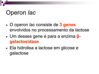 Operon lac
 O operon lac consiste de 3 genes
envolvidos no processamento da lactose
 Um desses gene é para a enzima β-
galactosidase
 Ela hidrolisa a lactose em glicose e
galactose
 