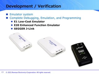 © 2015 Renesas Electronics Corporation. All rights reserved.
Development / Verification
 Emulator system
 Complete Debugging, Emulation, and Programming
 E1 Low-Cost Emulator
 E20 Enhanced Function Emulator
 SEGGER J-Link
13
 