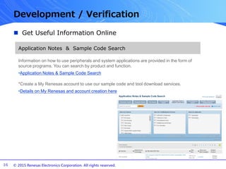 © 2015 Renesas Electronics Corporation. All rights reserved.
Development / Verification
 Get Useful Information Online
16
Application Notes & Sample Code Search
Information on how to use peripherals and system applications are provided in the form of
source programs. You can search by product and function.
•Application Notes & Sample Code Search
*Create a My Renesas account to use our sample code and tool download services.
•Details on My Renesas and account creation here
 