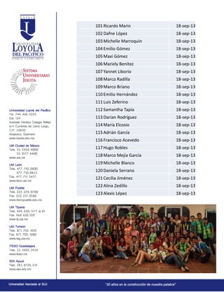 101Ricardo Marin 18-sep-13
102Dafne López 18-sep-13
103Michelle Marroquin 18-sep-13
104Emilio Gómez 18-sep-13
105Maxi Gómez 18-sep-13
106Mariely Benítez 18-sep-13
107Yannet Liborio 18-sep-13
108Marco Radilla 18-sep-13
109Marco Briano 18-sep-13
110Emilio Hernández 18-sep-13
111Luis Zeferino 18-sep-13
112Samantha Tapia 18-sep-13
113Darian Rodríguez 18-sep-13
114María Elcosio 18-sep-13
115Adrián García 18-sep-13
116Francisco Acevedo 18-sep-13
117Hugo Robles 18-sep-13
118Marco Mejía García 18-sep-13
119Michelle Blanco 18-sep-13
120Daniela Serrano 18-sep-13
121Cecilia Jiménez 18-sep-13
122Alina Zedillo 18-sep-13
123Alexis Lépez 18-sep-13
 