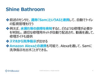 ? 2020 01Booster Inc. All rights reserved.
Shine Bathroom
?ǰΥ󥵤ȡͨơSamȤAIBЯơ?Ӥǥȥ
αOҕ?
?С?©ȤιϤ֪ȡɤΤ褦Ҫ
ЄemФ?åȤ?Ӥͤ졢ӻͨơ
ɤṩ
?ޥۤϴָ?
?Amazon AlexaȤBЯܤǡAlexaͨơSam
ϴָ?ȤǤ롣
9
 