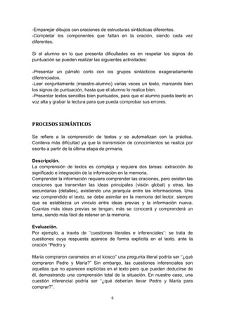 6
-Emparejar dibujos con oraciones de estructuras sintácticas diferentes.
-Completar los componentes que faltan en la oración, siendo cada vez
diferentes.
Si el alumno en lo que presenta dificultades es en respetar los signos de
puntuación se pueden realizar las siguientes actividades:
-Presentar un párrafo corto con los grupos sintácticos exageradamente
diferenciados.
-Leer conjuntamente (maestro-alumno) varias veces un texto, marcando bien
los signos de puntuación, hasta que el alumno lo realice bien.
-Presentar textos sencillos bien puntuados, para que el alumno pueda leerlo en
voz alta y grabar la lectura para que pueda comprobar sus errores.
PROCESOS SEMÁNTICOS
Se refiere a la comprensión de textos y se automatizan con la práctica.
Conlleva más dificultad ya que la transmisión de conocimientos se realiza por
escrito a partir de la última etapa de primaria.
Descripción.
La comprensión de textos es compleja y requiere dos tareas: extracción de
significado e integración de la información en la memoria.
Comprender la información requiere comprender las oraciones, pero existen las
oraciones que transmitan las ideas principales (visión global) y otras, las
secundarias (detalles), existiendo una jerarquía entre las informaciones. Una
vez comprendido el texto, se debe asimilar en la memoria del lector, siempre
que se establezca un vínculo entre ideas previas y la información nueva.
Cuantas más ideas previas se tengan, más se conocerá y comprenderá un
tema, siendo más fácil de retener en la memoria.
Evaluación.
Por ejemplo, a través de ¨cuestiones literales e inferenciales¨: se trata de
cuestiones cuya respuesta aparece de forma explícita en el texto. ante la
oración “Pedro y
María compraron caramelos en el kiosco” una pregunta literal podría ser “¿qué
compraron Pedro y María?” Sin embargo, las cuestiones inferenciales son
aquellas que no aparecen explícitas en el texto pero que pueden deducirse de
él, demostrando una comprensión total de la situación. En nuestro caso, una
cuestión inferencial podría ser “¿qué deberían llevar Pedro y María para
comprar?”.
 