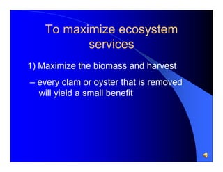 To maximize ecosystem
services
1) Maximize the biomass and harvest
– every clam or oyster that is removed
will yield a sma...
