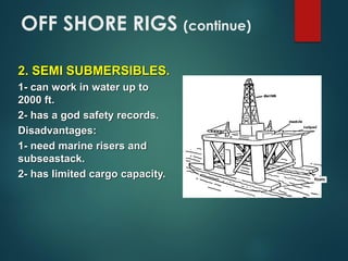2. SEMI SUBMERSIBLES.
1- can work in water up to
2000 ft.
2- has a god safety records.
Disadvantages:
1- need marine risers and
subseastack.
2- has limited cargo capacity.
OFF SHORE RIGS (continue)
floats
 