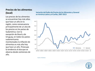 Precios de los alimentos
(local)
Fuente: FAO (RLC)
Los precios de los alimentos
se encuentran hoy más altos
que hace un año en la
región, como consecuencia
principalmente de un alza de
los precios en los países de
Sudamérica. Con la
excepción de Brasil y de
Uruguay, en todos los países
sudamericanos
monitoreados la inflación de
alimentos es más alta hoy
que hace un año. Preocupa
la tendencia al alza que se
observa desde comienzos de
año.
24
VariacióndelÍndicede Preciosde los Alimentosy General
en AméricaLatinay elCaribe,2007-2013
4,0
6,0
8,0
10,0
12,0
14,0
16,0
2007/07 2008/01 2008/07 2009/01 2009/07 2010/01 2010/07 2011/01 2011/07 2012/01 2012/07 2013/01 2013/07 dic
Alimentos General
 