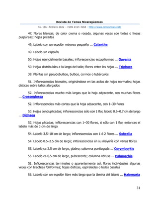Revista de Temas Nicaragüenses
No. 166 –Febrero 2022 – ISSN 2164-4268 - http://www.temasnicas.net/
31
47. Flores blancas, de color crema o rosado, algunas veces con tintes o líneas
purpúreas; hojas plicadas
49. Labelo con un espolón retrorso pequeño ... Calanthe
49. Labelo sin espolón
50. Hojas esencialmente basales; inflorescencias escapiformes ... Govenia
50. Hojas distribuidas a lo largo del tallo; flores entre las hojas ... Triphora
38. Plantas sin pseudobulbos, bulbos, cormos o tubérculos
51. Inflorescencias laterales, originándose en las axilas de hojas normales; hojas
dísticas sobre tallos alargados
52. Inflorescencias mucho más largas que la hoja adyacente, con muchas flores
... Crossoglossa
52. Inflorescencias más cortas que la hoja adyacente, con 1–30 flores
53. Hojas conduplicadas; inflorescencias sólo con 1 flor, labelo 0.6–0.7 cm de largo
... Dichaea
53. Hojas plicadas; inflorescencias con 1–30 flores, si sólo con 1 flor, entonces el
labelo más de 3 cm de largo
54. Labelo 3.5–10 cm de largo; inflorescencias con 1 ó 2 flores ... Sobralia
54. Labelo 0.5–2.5 cm de largo; inflorescencias en su mayoría con varias flores
55. Labelo ca 2.5 cm de largo, glabro; columna puntiaguda ... Corymborkis
55. Labelo ca 0.5 cm de largo, pubescente; columna obtusa ... Palmorchis
51. Inflorescencias terminales o aparentemente así, flores individuales algunas
veces con brácteas foliiformes; hojas dísticas, espiraladas o todas basales
56. Labelo con un espolón libre más largo que la lámina del labelo ... Habenaria
 