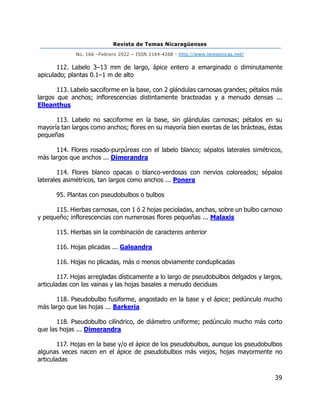 Revista de Temas Nicaragüenses
No. 166 –Febrero 2022 – ISSN 2164-4268 - http://www.temasnicas.net/
39
112. Labelo 3–13 mm de largo, ápice entero a emarginado o diminutamente
apiculado; plantas 0.1–1 m de alto
113. Labelo sacciforme en la base, con 2 glándulas carnosas grandes; pétalos más
largos que anchos; inflorescencias distintamente bracteadas y a menudo densas ...
Elleanthus
113. Labelo no sacciforme en la base, sin glándulas carnosas; pétalos en su
mayoría tan largos como anchos; flores en su mayoría bien exertas de las brácteas, éstas
pequeñas
114. Flores rosado-purpúreas con el labelo blanco; sépalos laterales simétricos,
más largos que anchos ... Dimerandra
114. Flores blanco opacas o blanco-verdosas con nervios coloreados; sépalos
laterales asimétricos, tan largos como anchos ... Ponera
95. Plantas con pseudobulbos o bulbos
115. Hierbas carnosas, con 1 ó 2 hojas pecioladas, anchas, sobre un bulbo carnoso
y pequeño; inflorescencias con numerosas flores pequeñas ... Malaxis
115. Hierbas sin la combinación de caracteres anterior
116. Hojas plicadas ... Galeandra
116. Hojas no plicadas, más o menos obviamente conduplicadas
117. Hojas arregladas dísticamente a lo largo de pseudobulbos delgados y largos,
articuladas con las vainas y las hojas basales a menudo deciduas
118. Pseudobulbo fusiforme, angostado en la base y el ápice; pedúnculo mucho
más largo que las hojas ... Barkeria
118. Pseudobulbo cilíndrico, de diámetro uniforme; pedúnculo mucho más corto
que las hojas ... Dimerandra
117. Hojas en la base y/o el ápice de los pseudobulbos, aunque los pseudobulbos
algunas veces nacen en el ápice de pseudobulbos más viejos, hojas mayormente no
articuladas
 