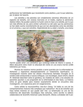 ¿Por qué juegan los animales?
© Caitlin O’Connell – editor@temasnicas.net
–
52
perfeccionar las habilidades que necesitarán como adultos y, por lo que sabemos,
por el placer de hacerlo.
Las estrellas y los planetas son simplemente extremos diferentes de un
espectro de tamaño, con enanas marrones en el medio, explica la astrónoma
Katelyn Allers. No pueden sostener la fusión como lo hace una estrella, por lo que
son más difíciles de ver, pero emiten suficiente luz del calor que los astrónomos
se han dado cuenta recientemente de que son tan abundantes como las estrellas
en el universo, y que son extraños. Dependiendo de su edad y tamaño, una enana
marrón puede tener una atmósfera que contenga óxido de titanio o cuarzo. Y
Allers descubrió cómo medir la velocidad del viento en una enana marrón (2300
kilómetros por hora).
Muchos de nosotros hemos perdido a seres queridos por la enfermedad de
Alzheimer y esperamos desesperadamente un tratamiento significativo. La
investigación reciente sobre las células inmunitarias llamadas microglía en el
cerebro está conduciendo a nuevos enfoques. Los neurólogos Jason Ulrich y David
M. Holtzman describen cómo la genética, los modelos de ratón y los estudios de
pacientes apuntan a una progresión de la enfermedad en dos fases. La historia
entra en gran detalle para mostrar exactamente dónde se encuentra esta
investigación, con esperanza pero sin exageraciones.
Como señala la neurocientífica Soo-Eun Chang, “el habla es uno de los
comportamientos motores más complejos que realizamos”. No es de extrañar que
haya tantas maneras en que puede salir mal. La tartamudez es uno de los
trastornos del desarrollo neurológico más comunes, como escribe la editora
colaboradora de Scientific American Lydia Denworth. Afecta a alrededor del 5 por
 