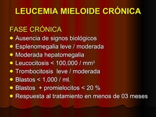 LEUCEMIA MIELOIDE CRÓNICA FASE CRÓNICA   Ausencia de signos biológicos Esplenomegalia leve / moderada Moderada hepatomegalia Leucocitosis < 100,000 / mm 3 Trombocitosis  leve / moderada Blastos < 1,000 / ml. Blastos  + promielocitos < 20 % Respuesta al tratamiento en menos de 03 meses 