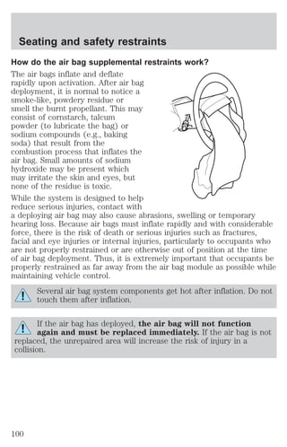 Seating and safety restraints 
How do the air bag supplemental restraints work? 
The air bags inflate and deflate 
rapidly upon activation. After air bag 
deployment, it is normal to notice a 
smoke-like, powdery residue or 
smell the burnt propellant. This may 
consist of cornstarch, talcum 
powder (to lubricate the bag) or 
sodium compounds (e.g., baking 
soda) that result from the 
combustion process that inflates the 
air bag. Small amounts of sodium 
hydroxide may be present which 
may irritate the skin and eyes, but 
none of the residue is toxic. 
While the system is designed to help 
reduce serious injuries, contact with 
a deploying air bag may also cause abrasions, swelling or temporary 
hearing loss. Because air bags must inflate rapidly and with considerable 
force, there is the risk of death or serious injuries such as fractures, 
facial and eye injuries or internal injuries, particularly to occupants who 
are not properly restrained or are otherwise out of position at the time 
of air bag deployment. Thus, it is extremely important that occupants be 
properly restrained as far away from the air bag module as possible while 
maintaining vehicle control. 
Several air bag system components get hot after inflation. Do not 
touch them after inflation. 
If the air bag has deployed, the air bag will not function 
again and must be replaced immediately. If the air bag is not 
replaced, the unrepaired area will increase the risk of injury in a 
collision. 
100 
 