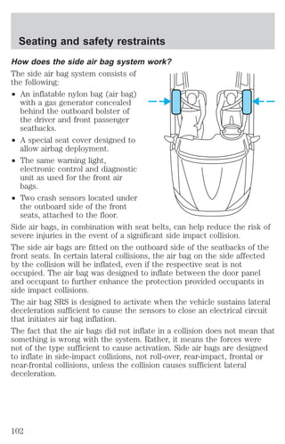 Seating and safety restraints 
How does the side air bag system work? 
The side air bag system consists of 
the following: 
² An inflatable nylon bag (air bag) 
with a gas generator concealed 
behind the outboard bolster of 
the driver and front passenger 
seatbacks. 
² A special seat cover designed to 
allow airbag deployment. 
² The same warning light, 
electronic control and diagnostic 
unit as used for the front air 
bags. 
² Two crash sensors located under 
the outboard side of the front 
seats, attached to the floor. 
Side air bags, in combination with seat belts, can help reduce the risk of 
severe injuries in the event of a significant side impact collision. 
The side air bags are fitted on the outboard side of the seatbacks of the 
front seats. In certain lateral collisions, the air bag on the side affected 
by the collision will be inflated, even if the respective seat is not 
occupied. The air bag was designed to inflate between the door panel 
and occupant to further enhance the protection provided occupants in 
side impact collisions. 
The air bag SRS is designed to activate when the vehicle sustains lateral 
deceleration sufficient to cause the sensors to close an electrical circuit 
that initiates air bag inflation. 
The fact that the air bags did not inflate in a collision does not mean that 
something is wrong with the system. Rather, it means the forces were 
not of the type sufficient to cause activation. Side air bags are designed 
to inflate in side-impact collisions, not roll-over, rear-impact, frontal or 
near-frontal collisions, unless the collision causes sufficient lateral 
deceleration. 
102 
 