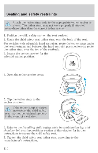 Seating and safety restraints 
Attach the tether strap only to the appropriate tether anchor as 
shown. The tether strap may not work properly if attached 
somewhere other than the correct tether anchor. 
1. Position the child safety seat on the seat cushion. 
2. Route the child safety seat tether strap over the back of the seat. 
For vehicles with adjustable head restraints, route the tether strap under 
the head restraint and between the head restraint posts, otherwise route 
the tether strap over the top of the seatback. 
3. Locate the correct anchor for the 
selected seating position. 
4. Open the tether anchor cover. 
5. Clip the tether strap to the 
anchor as shown. 
If the tether strap is clipped 
incorrectly, the child safety 
seat may not be retained properly 
in the event of a collision. 
6. Refer to the Installing child safety seats in combination lap and 
shoulder belt seating positions section of this chapter for further 
instructions to secure the child safety seat. 
7. Tighten the child safety seat tether strap according to the 
manufacturer’s instructions. 
110 
 