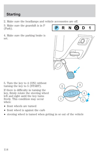 2. Make sure the headlamps and vehicle accessories are off. 
3. Make sure the gearshift is in P 
(Park). 
4. Make sure the parking brake is 
set. 
P R N D D 1 
5. Turn the key to 4 (ON) without 
turning the key to 5 (START). 
3 
If there is difficulty in turning the 
key, firmly rotate the steering wheel 
left and right until the key turns 
freely. This condition may occur 
when: 
² front wheels are turned 
² front wheel is against the curb 
² steering wheel is turned when getting in or out of the vehicle 
4 
2 
1 
5 
Starting 
114 
 