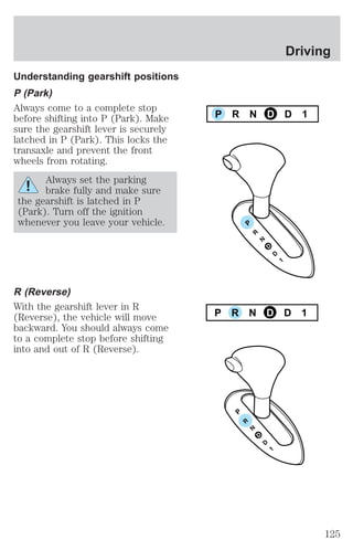 Understanding gearshift positions 
P (Park) 
Always come to a complete stop 
before shifting into P (Park). Make 
sure the gearshift lever is securely 
latched in P (Park). This locks the 
transaxle and prevent the front 
wheels from rotating. 
Always set the parking 
brake fully and make sure 
the gearshift is latched in P 
(Park). Turn off the ignition 
whenever you leave your vehicle. 
R (Reverse) 
With the gearshift lever in R 
(Reverse), the vehicle will move 
backward. You should always come 
to a complete stop before shifting 
into and out of R (Reverse). 
Driving 
P R N D D 1 
P R N D D 1 
125 
 