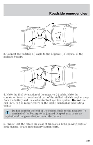 Roadside emergencies 
+ 
– 
+ 
– 
3. Connect the negative (-) cable to the negative (-) terminal of the 
assisting battery. 
+ 
– 
+ 
– 
4. Make the final connection of the negative (-) cable. Make the 
connection to an exposed metal part of the stalled vehicle’s engine, away 
from the battery and the carburetor/fuel injection system. Do not use 
fuel lines, engine rocker covers or the intake manifold as grounding 
points. 
Do not connect the end of the second cable to the negative (-) 
terminal of the battery to be jumped. A spark may cause an 
explosion of the gases that surround the battery. 
5. Ensure that the cables are clear of fan blades, belts, moving parts of 
both engines, or any fuel delivery system parts. 
149 
 
