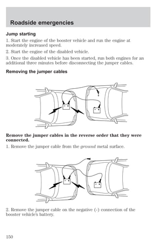 Roadside emergencies 
Jump starting 
1. Start the engine of the booster vehicle and run the engine at 
moderately increased speed. 
2. Start the engine of the disabled vehicle. 
3. Once the disabled vehicle has been started, run both engines for an 
additional three minutes before disconnecting the jumper cables. 
Removing the jumper cables 
+ 
– 
+ 
– 
Remove the jumper cables in the reverse order that they were 
connected. 
1. Remove the jumper cable from the ground metal surface. 
+ 
– 
+ 
– 
2. Remove the jumper cable on the negative (-) connection of the 
booster vehicle’s battery. 
150 
 
