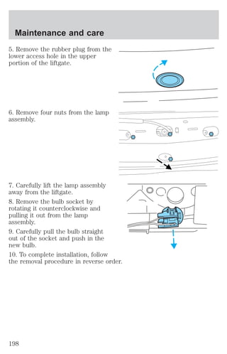 Maintenance and care 
5. Remove the rubber plug from the 
lower access hole in the upper 
portion of the liftgate. 
6. Remove four nuts from the lamp 
assembly. 
7. Carefully lift the lamp assembly 
away from the liftgate. 
8. Remove the bulb socket by 
rotating it counterclockwise and 
pulling it out from the lamp 
assembly. 
9. Carefully pull the bulb straight 
out of the socket and push in the 
new bulb. 
10. To complete installation, follow 
the removal procedure in reverse order. 
198 
 