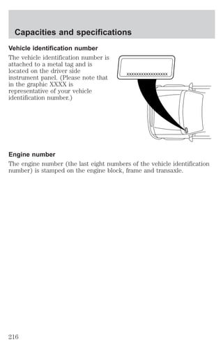 Capacities and specifications 
Vehicle identification number 
The vehicle identification number is 
attached to a metal tag and is 
located on the driver side 
instrument panel. (Please note that 
in the graphic XXXX is 
representative of your vehicle 
identification number.) 
XXXXXXXXXXXXXXXXX 
Engine number 
The engine number (the last eight numbers of the vehicle identification 
number) is stamped on the engine block, frame and transaxle. 
216 
 