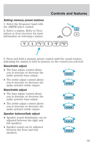 Setting memory preset stations 
1. Select the frequency band with 
the AM/FM select control. 
2. Select a station. Refer to Tune 
adjust or Seek function for more 
information on selecting a station. 
3. Press and hold a memory preset control until the sound returns, 
indicating the station is held in memory on the control you selected. 
Bass/treble adjust 
² The bass adjust control allows 
you to increase or decrease the 
audio system’s bass output. 
² The treble adjust control allows 
you to increase or decrease the 
audio system’s treble output. 
Bass/treble adjust 
² The bass adjust control allows 
you to increase or decrease the 
audio system’s bass output. 
² The treble adjust control allows 
you to increase or decrease the 
audio system’s treble output. 
Speaker balance/fade adjust 
² Speaker sound distribution can be 
adjusted between the right and 
left speakers. 
² Speaker sound can be adjusted 
between the front and rear 
speakers. 
Controls and features 
39 
 