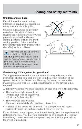 Seating and safety restraints 
Children and air bags 
For additional important safety 
information, read all information on 
safety restraints in this guide. 
Children must always be properly 
restrained. Accident statistics 
suggest that children are safer when 
properly restrained in the rear 
seating positions than in the front 
seating position. Failure to follow 
these instructions may increase the 
risk of injury in a collision. 
Air bags can kill or injure a 
child in a child seat. 
NEVER place a rear-facing child 
seat in front of an active air bag. If 
you must use a forward-facing 
child seat in the front seat, move 
the seat all the way back. 
Determining if the system is operational 
The supplemental restraint system uses a warning indicator in the 
instrument cluster or a back-up tone to indicate the condition of the 
system. Refer to the Restraints Warning Indicator section in the 
Instrumentation chapter. Routine maintenance of the air bag is not 
required. 
A difficulty with the system is indicated by one or more of the following: 
² The readiness light (same light 
for front and side air bag system) 
will either flash or stay lit. 
² The readiness light will not 
illuminate immediately after ignition is turned on. 
² A series of five beeps will be heard. The tone pattern will repeat 
periodically until the problem and/or light are repaired. 
If any of these things happen, even intermittently, have the supplemental 
restraint system serviced at your dealership or by a qualified technician 
immediately. Unless serviced, the system may not function properly in 
the event of a collision. 
99 
 