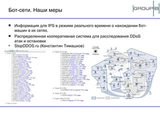 Бот-сети. Наши меры Информация для  IPS  в режиме реального времени о нахождении бот-машин в их сетях. Распределенная кооперативная система для расследования  DDoS  атак и остановки  StopDDOS.ru  (Константин Тимашков) 