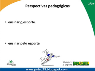 Perspectivas pedagógicas

• ensinar o esporte

• ensinar pelo esporte

www.pstec25.blogspot.com

2/29

 