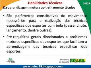 Habilidades Técnicas

20/29

Da aprendizagem motora ao treinamento técnico

• São parâmetros constitutivos do movimento
necessários para a realização das técnicas
específicas dos esportes com bola (passe, chute,
lançamento, dentre outras).
• Pré-requisitos gerais direcionados a problemas
motores específicos dos esportes que facilitam a
aprendizagem das técnicas específicas dos
esportes.

www.pstec25.blogspot.com

 