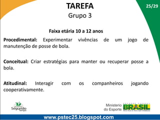 TAREFA

25/29

Grupo 3
Faixa etária 10 a 12 anos
Procedimental: Experimentar
manutenção de posse de bola.

vivências

de

um

jogo

de

Conceitual: Criar estratégias para manter ou recuperar posse a
bola.

Atitudinal:
Interagir
cooperativamente.

com

os

companheiros

www.pstec25.blogspot.com

jogando

 