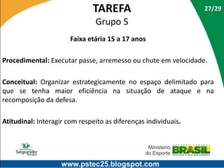 TAREFA

27/29

Grupo 5
Faixa etária 15 a 17 anos
Procedimental: Executar passe, arremesso ou chute em velocidade.
Conceitual: Organizar estrategicamente no espaço delimitado para
que se tenha maior eficiência na situação de ataque e na
recomposição da defesa.

Atitudinal: Interagir com respeito as diferenças individuais.

www.pstec25.blogspot.com

 