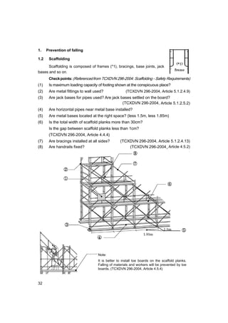 32
1. Prevention of falling
1.2 Scaffolding
Scaffolding is composed of frames (*1), bracings, base joints, jack
bases and so on.
Checkpoints:(Referencedfrom TCXDVN 296-2004: Scaffolding - Safety Requirements)
(1) Is maximum loading capacity of footing shown at the conspicuous place?
(2) Are metal fittings to wall used? (TCXDVN 296-2004, Article 5.1.2.4.9)
(3) Are jack bases for pipes used? Are jack bases settled on the board?
(TCXDVN 296-2004, Article 5.1.2.5.2)
(4) Are horizontal pipes near metal base installed?
(5) Are metal bases located at the right space? (less 1.5m, less 1.85m)
(6) Is the total width of scaffold planks more than 30cm?
Is the gap between scaffold planks less than 1cm?
(TCXDVN 296-2004, Article 4.4.4)
(7) Are bracings installed at all sides? (TCXDVN 296-2004, Article 5.1.2.4.13)
(8) Are handrails fixed? (TCXDVN 296-2004,Article 4.5.2)
Note:
It is better to install toe boards on the scaffold planks.
Falling of materials and workers will be prevented by toe
boards. (TCXDVN 296-2004, Article 4.5.4)
 