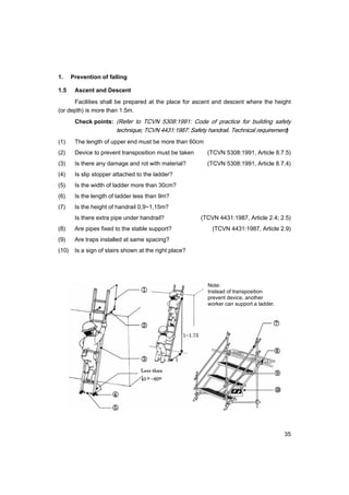 35
1. Prevention of falling
1.5 Ascent and Descent
Facilities shall be prepared at the place for ascent and descent where the height
(or depth) is more than 1.5m.
Check points: (Refer to TCVN 5308:1991: Code of practice for building safety
technique; TCVN 4431:1987: Safety handrail. Technical requirement)
(1) The length of upper end must be more than 60cm
(2) Device to prevent transposition must be taken (TCVN 5308:1991, Article 8.7.5)
(3) Is there any damage and rot with material? (TCVN 5308:1991, Article 8.7.4)
(4) Is slip stopper attached to the ladder?
(5) Is the width of ladder more than 30cm?
(6) Is the length of ladder less than 9m?
(7) Is the height of handrail 0,9~1,15m?
Is there extra pipe under handrail? (TCVN 4431:1987, Article 2.4; 2.5)
(8) Are pipes fixed to the stable support? (TCVN 4431:1987, Article 2.9)
(9) Are traps installed at same spacing?
(10) Is a sign of stairs shown at the right place?
Note:
Instead of transposition
prevent device, another
worker can support a ladder.
 