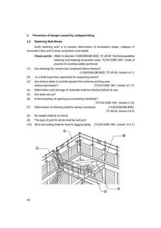 40
3. Prevention of danger caused by collapse/rolling
3.2 Retaining Wall Works
Earth retaining work is to prevent deformation of excavation shape, collapse of
excavation face and to keep excavation area stable.
Check points: (Refer to Decision 1338/2006/QĐ-BXD, TC 49-05: Technical guideline
retaining and keeping excavation area; TCVN 5308-1991: Code of
practice for building safety technical)
(1) Are drawings for construction prepared before starting?
(1338/2006/QĐ-BXD, TC 49-05, Article 4.4.1)
(2) Is a chief supervisor appointed for supporting works?
(3) Are actions taken to prohibit people from entering working area
without permission? (TCVN 5308:1991, Article 12.1.7)
(4) Deformation and damage of materials shall be checked before its use.
(5) Are stairs set up?
(6) Is the periphery of opening surrounded by handrails?
(TCVN 5308:1991, Article 2.1.6)
(7) Deformation of retaining shall be always monitored. (1338/2006/QĐ-BXD,
TC 49-05, Article 4.4.5)
(8) No weight shall be on struts
(9) The type of joint for struts shall be butt joint
(10) Strut and waling shall be fixed to lagging tightly (TCVN 5308:1991, Article 12.3.1)
 